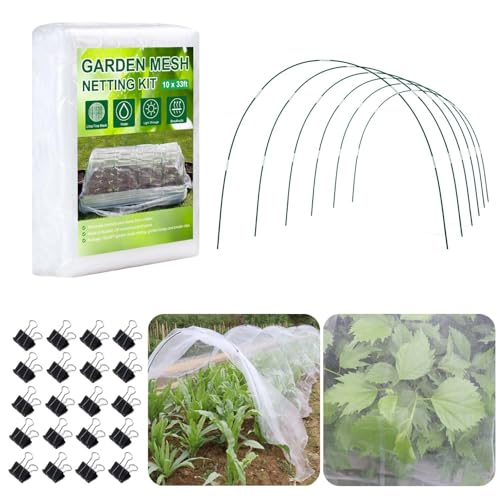 KLEWEE Garden Netting Kit for Raised Beds 10 x 33 ft Ultra Fine Mesh Netting and 6 Sets Fiberglass Garden Hoops Garden Bed Row Covers for Plants Vegetables from Animals Barrier Insects Bugs