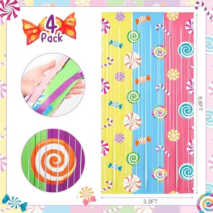 Blosssound 4 Packs Candyland Party Decorations 3.3 x 6.6 ft Candy Foil Fringe Curtain Dark Sweet Candy Tinsel Streamers for Lollipop Candyland Birthday Baby Shower Sweet Shop Party Decoration