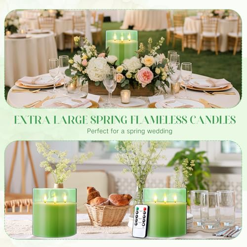 Image of Retisee 6'' x 6'' Extra Large Flameless Candles, 3 Wick Glass Large Fall Candles with Remote Control and Timer Function, Real Wax LED Pillar Flickering for Autumn Party Decor(Classic,Green,1 Pcs)