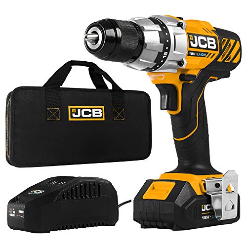 JCB Akku Bohrschrauber 18DD (18V, 1x 1,5 Ah Li-Ionen Akku, Ladegerät, Drehmoment 45 Nm, 2-Gang-Getriebe, LED-Licht, Tasche) Akkuschrauber, Akkubohrer