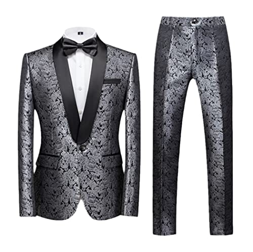 Primavera Autunno Uomini Casual Business Stampa Fiore Completo 2 Pezzi Set, Giacca Giacca Pantaloni Pantaloni, Argento, XXL