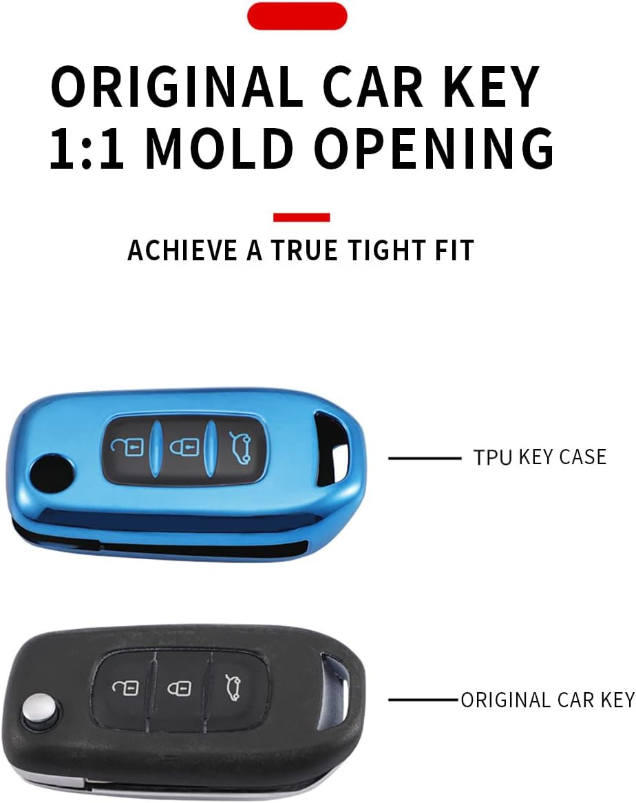 HIBEYO Key Fob Cover for Renault Kadjar Koleos Fliping 3 Button Smart Remote Auto Key Shell with Leather Keychains for Renault Accessories Soft TPU Key Case-Blue