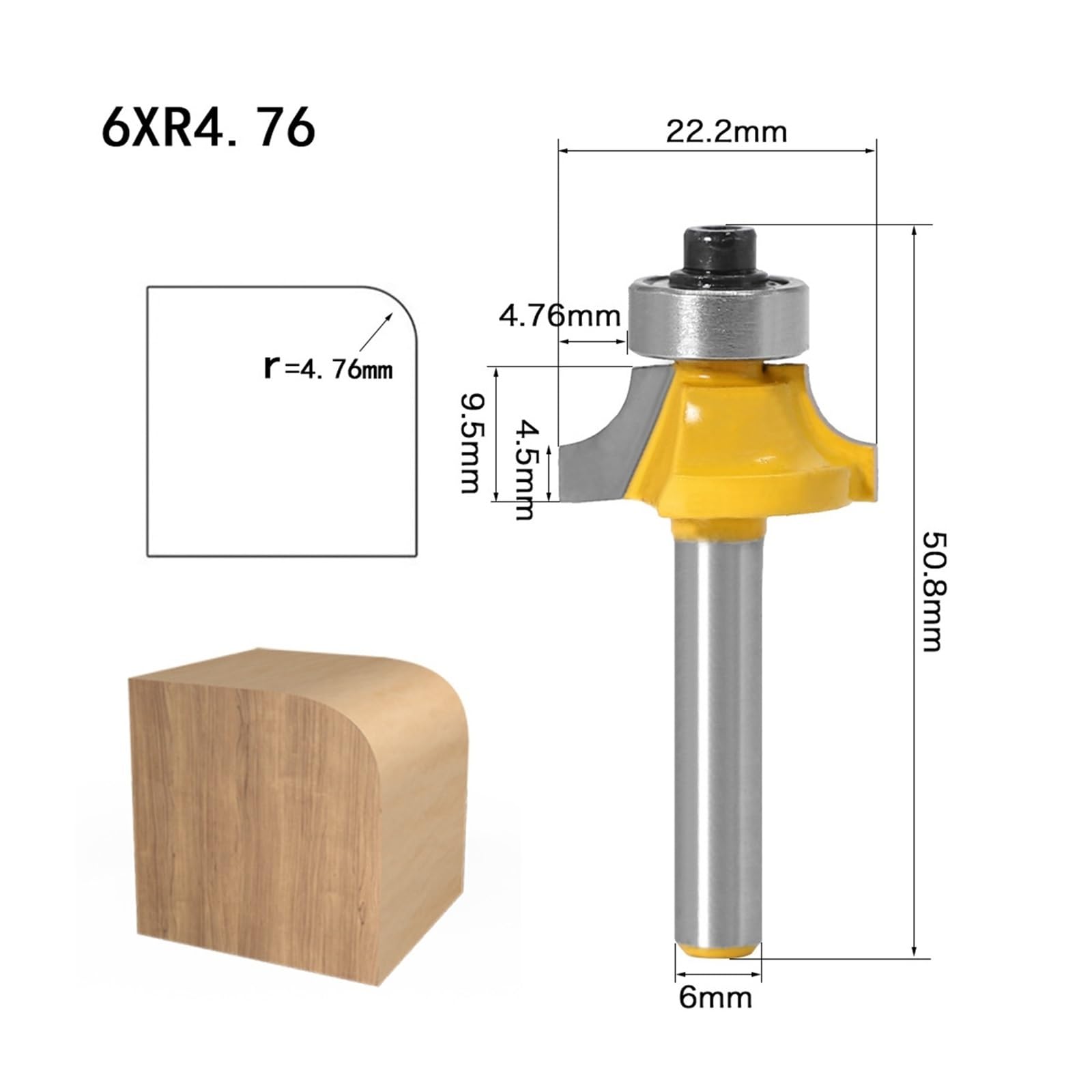 1 pieza de broca de enrutador redonda de esquina de vástago de 6mm con fresa de rodamiento for carpintería de madera de carburo de tungsteno(4PCS 6mm)