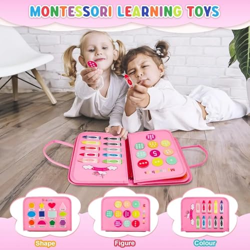 Image of Busy Binder & Busy Book for Toddlers Toys - Montessori ABCD Toys Travel Essentials Made of Soft Felted Wool for 1-4 Year Old Girls Educational Games - Preschool Learning (Pink Play Book)