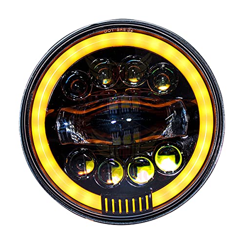 Image of Miwings 7 inch Round LED 1LNG8CB Style Hi /Low Beam Amber & White Headlight 75W H4 Compatible with Royal Enfield, Jeep, Thar, motorcycle, Cars, Harley Davidson