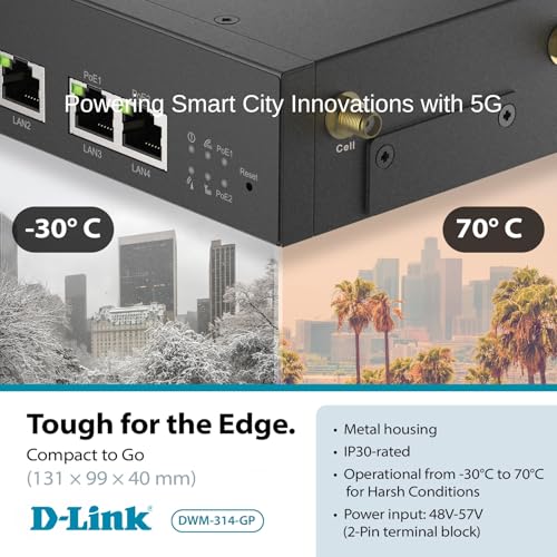 Image of D-Link 5G /4G PoE+ Rugged Compact Modem /Gateway, Industrial Build, Dual-Sim Failover,4 Port Gigabit Ethernet, 60W Budget, M2M, VPN, NDAA /TAA, Carrier Certified with Verizon, AT&T, T-Mobile (DWM-314-GP)