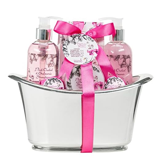 Home Spa Bath Basking Basket Orquídea rosa e fragrância de morango balsâmico - Banho e corpo conjunto para mulheres, contém bombas de banho, loção para a pele, sais de banho, banheira de espuma e gel de chuveiro