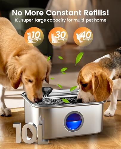 Image of oneisall 10L /2.6Gal Dog Water Fountain for Large Dogs (with 5 Filters) | Deeper & Wider Drinking Area, Visualization Water Window & Triple Filtration,304 Stainless Steel