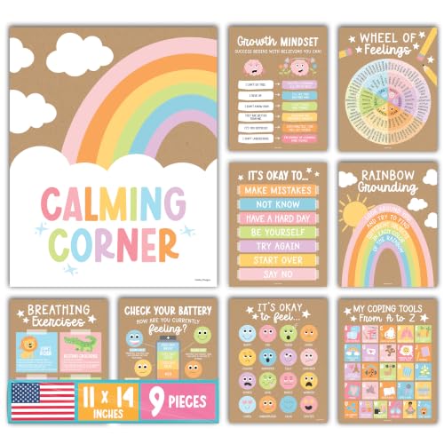 Hadley Designs 9 Calming Corner Posters for Classroom Must Haves - Calm Down Corner Supplies with Emotions Chart School Counselor Mental Health Poster Feelings Chart For Kids Kraft Classroom Decor