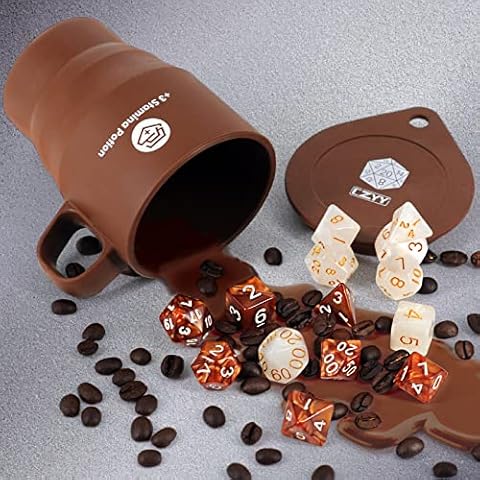 DND Coffee & Sugar Themed Dice Set (14 PCS) with +3 Stamina Potion Silicone Mug for Storage, 7 Acrylic Resin Polyhedral Gaming Dice for Dungeons and Dragons, Pathfinder and Tabletop RPG Cover