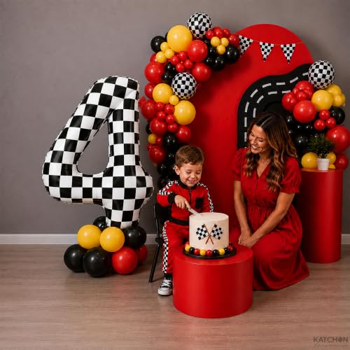 Image of KatchOn Checkered Number 4 Balloon for 4th Birthday Decorations - 40 Inch