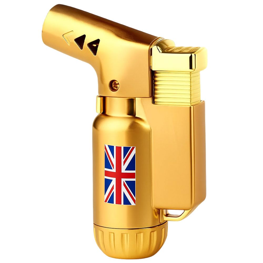 BML Metal Jet Flame Torch Lighter Windproof Refillable Angled Nozzle UK Flag Design Ideal for Home Kitchen and Outdoor Use (Gold)