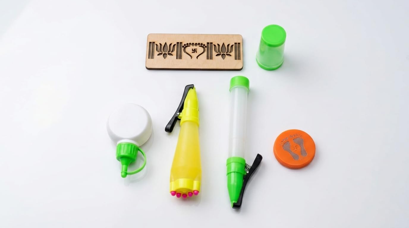 R.K. Raju & Co. 6-Piece Rangoli Tool Kit - Single & Multi-Nozzle Dispenser Pens, Matka Shape Bottle, Stamp Dabi Pattern Lid Container, Filter Shaker, 6x3 Inch MDF Wooden Stencil for Festive Floor Art-image-39