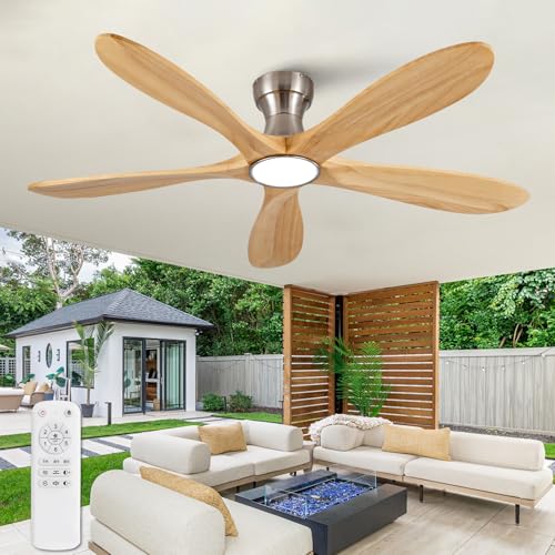 Image of 52 Inch Flush Mount Ceiling Fans with Lights and Remote, Dimmable 5 Blade Wood Outdoor Ceiling Fan Outdoor Fans for Patios Low Profile Modern Ceiling Fan with Light for Bedroom Living Room