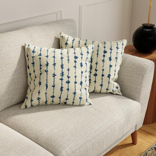 Image of HUESLAND Premium Cotton Cushion Cover 12 x 12 inch Set of 5 | Decorative Throw Pillow Covers for Sofa, Living Room & Bedroom | Blue Vertical Stripes
