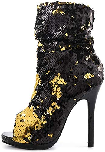 XYD Women Sexy Peep Toe Sequins Ankle Boots Stiletto High Heel Zip Up Autumn Prom Evening Party Dress Booties