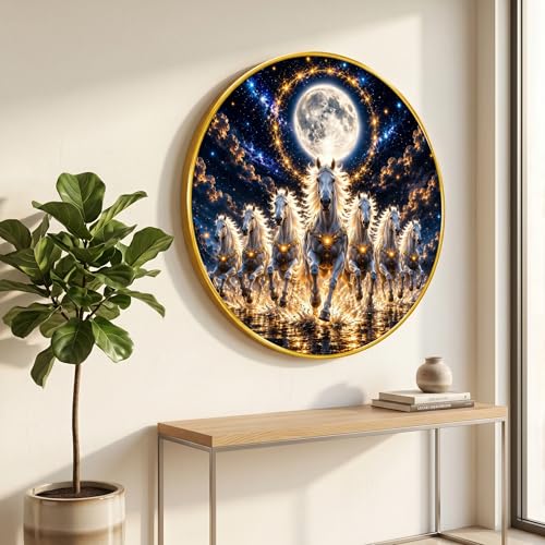 Image of SAF 7 Horse Moon Round Wall Painting with Premium PVC Golden Frame, White Running Horses Night Sky Vastu Art for Living Room Office Home Decor Gift (23 x 23 Inch) GR-443