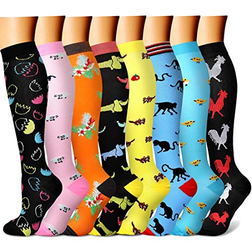 QUXIANG 8 Pairs Compression Socks for Women and Men, Sports Plantar Fasciitis Arch Support Running Gym Foot Knee High Compression Socks/Foot Sleeves Best for Running(08 Animal, Large/X-Large)