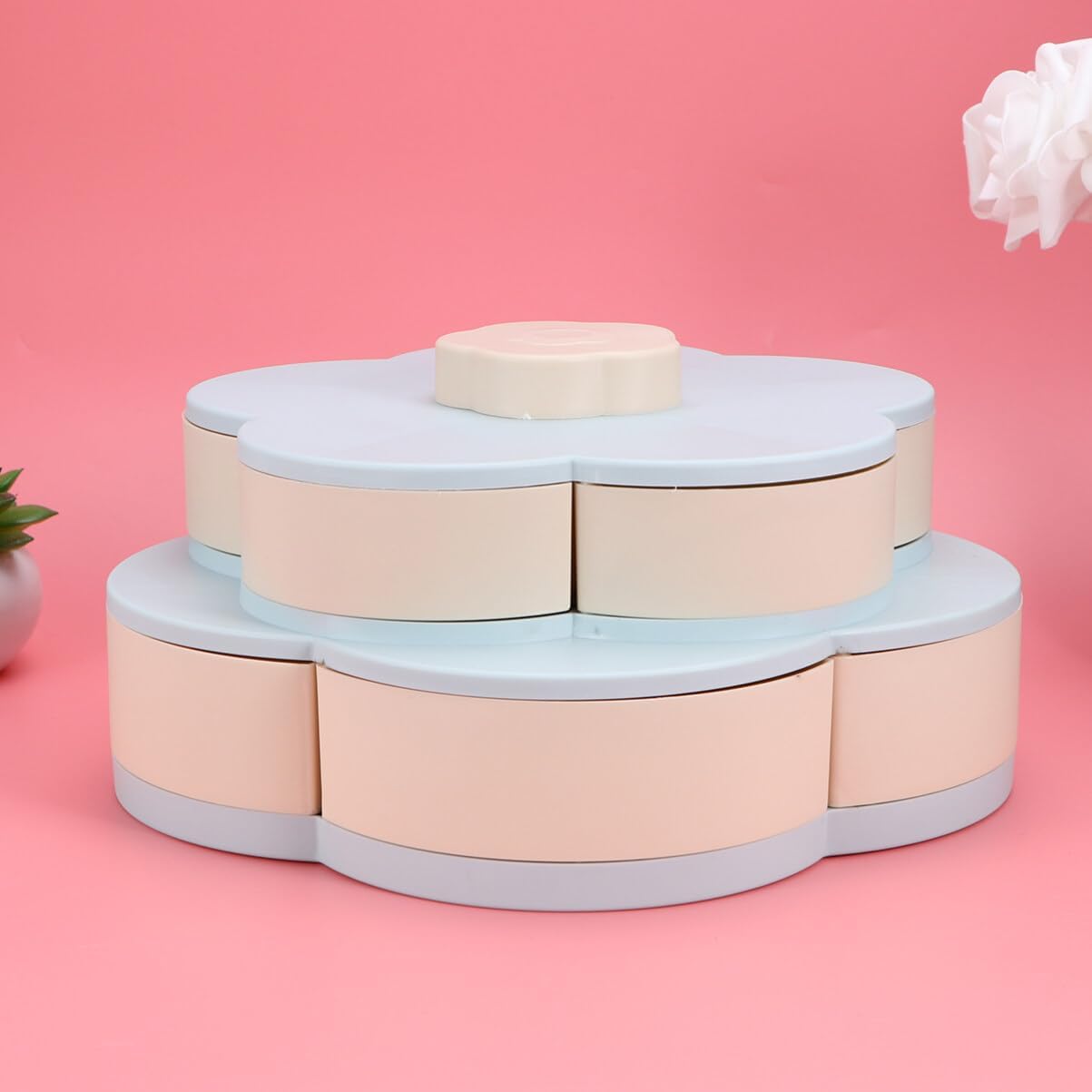 POPETPOP Rotating Snack Tray - Double Deck Flower Shaped Fruit Bowl Snack Serving Tray with Removable Compartment for Nut Candy Dried Fruit Food Storage Organizer