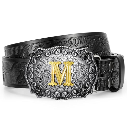 Western Cowboy Leather Belt Men Women, Gold Initial Letters ABCJMZ Buckle Embossed Belt for Jeans
