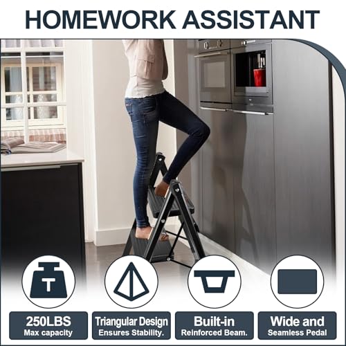 Image of 2-Step Ladder, Folding Step Stool for Kitchen /Closet /Garage, Sturdy & Lightweight Aluminum Handy Ladder, 250 lbs Capacity, Anti-Slip Pedals, Compact & Portable for Home DIY & Everyday Use