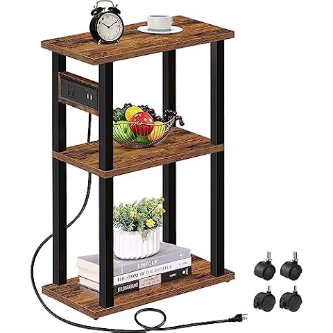 TUTOTAK Small Narrow Side Table with Charging Station, Skinny End Table for Small Spaces, Slim Nightstand with USB Ports and Outlet, Sofa Beside Table with Wheels, Brown TB01BB046 Cover