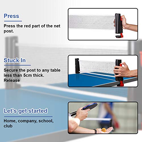 Glymnis Table Tennis Set Ping Pong Paddle Set with Retractable Net, 2 Rackets Paddles and 3 Balls, Carry Bag for Indoor Outdoor Play
