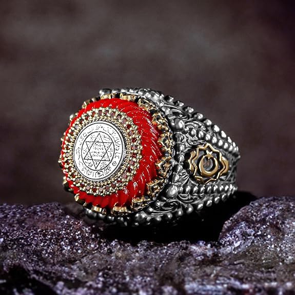 Anillo de plata de ley 925 maciza con sello de ámbar rojo de Salomón, talismán, diseño especial, amuleto turco islámico, hecho a mano