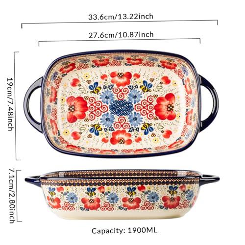 Bandeja de cerámica para hornear, cacerola rectangular con asas dobles, patrón floral hecho a mano para hornear, servir y asar