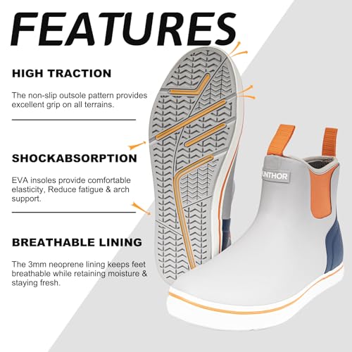 Men's Rain Boots, Waterproof Rubber Deck Boots, Anti Slip 3mm Neoprene Fishing Ankle Shoes for Outdoor Fishing, Boating （Size 7-14）4