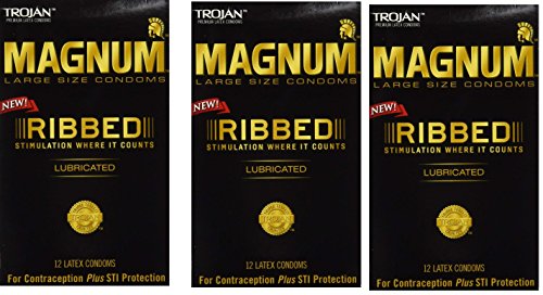 Magnum Ribbed Lubricated Condoms, Large, 3 Boxes (12 Condoms)