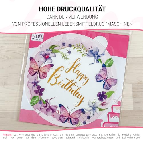 J&M DECO Tortenaufleger Happy Birthday – essbare Kuchendeko Ø 20 cm – bunte Tortendekoration für Geburtstagstorte – Zuckerpapier Tortenbild – gebrauchsfertig – Made in EU