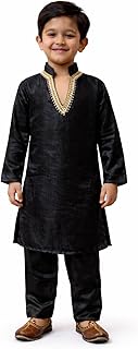 JBN Creation Boys Satin Silk Blend Kurta Pyjama Set - Eid Special V-Neck with Lace Detailing, Straight Cut, Full Sleeve Et...