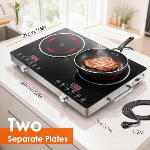 Doppelkochplatte 7800W Tragbar Infrarot - 2 Glaskeramik Kochfelder mit Touch & Knopf-Bedienung, Schnellkochfunktion, Leistungsvoreinstellungen - Kompaktes Kochfeld für Küche, Camping & Balkon – Bild 5