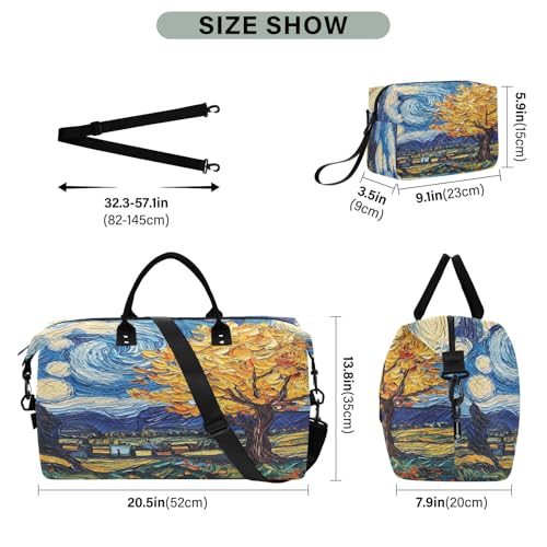 Weekender Bags Travel Duffel Gym Bag Yellow Tree Van Gogh Style Carry on Overnight Tote Bag with Toiletry Bag for Airplane Travel Trip Gym Yoga3