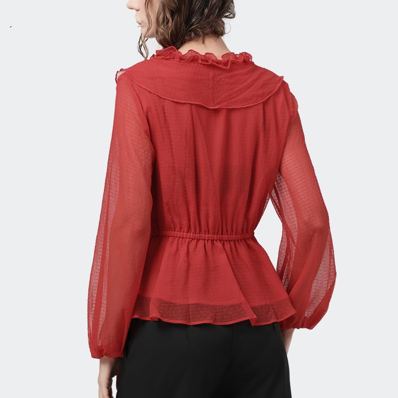 Blusas de Gasa Rojas de Manga Larga, Blusas elásticas de Cintura Alta con Volantes y Cuello en V con Mangas Acampanadas para Mujer, Blusas Ajustadas para Primavera y Verano (Rojo S)