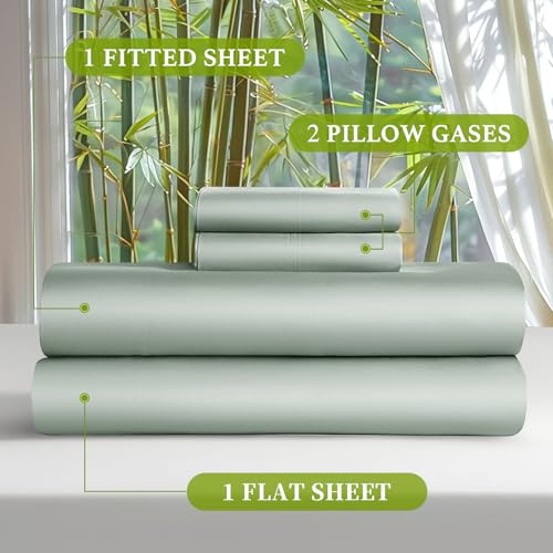 Shilucheng 100% Viscose Derived from Bamboo_ Sheets King Size 4pcs - Ultra Cooling & Silky Soft Bed Sheets, 16" Deep Pocket, Perfect for Hot Sleepers, Hotel Bedding Sheets (Sea Glass)