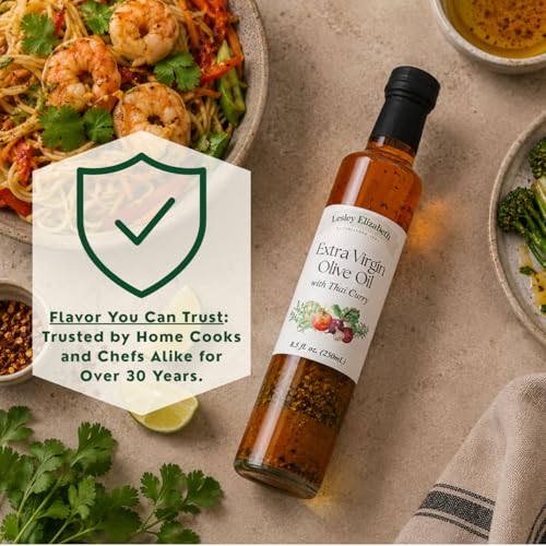 Image of Lesley Elizabeth Extra Virgin Olive Oil with Thai Curry, 8.5 fl oz - Flavorful Curry-Infused EVOO for Stir-Fries, Noodle Bowls, Seafood, Roasting, Marinades & Everyday Cooking - All-Natural, Plant-Based Ingredients