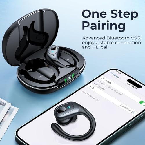 Image of occiam Active Noise Cancelling Earbuds Wireless Bluetooth Headphones | Ear Buds 90Hrs Playback Stereo Bass Earphones with Mic Over-Ear Hooks IPX7 Waterproof Headset for Sports Running Matte Black