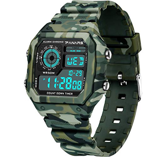 cofuo Men Military Camouflage Digital Watch, Men’s Sports Rectangle Square LED Army Tactical Waterproof Watches Electronic Casual Analog Quartz Outdoor Multi Function Wristwatch with Alarm Stopwatch