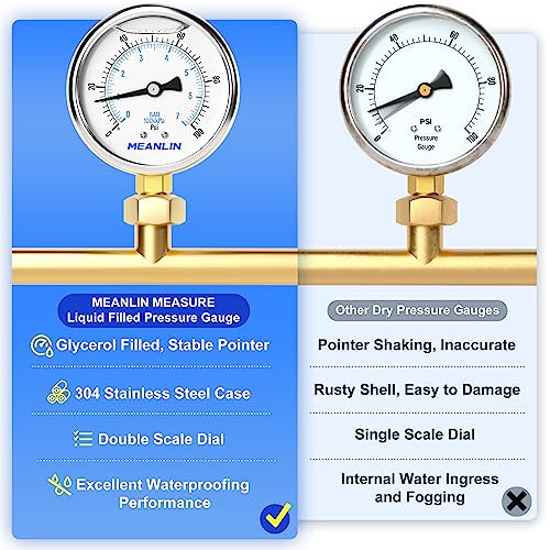 meanlin measure 0100psi stainless steel 1434 npt 2534 face dial liquid filled pressure gauge wog water oil air lower mount with 1234 npt and 3834 npt hex bushing