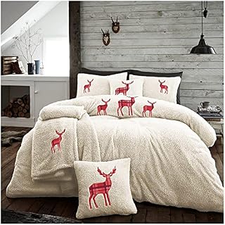 GC GAVENO CAVAILIA Teddy Fleece Duvet Cover With Pillow Cases Thermal Fluffy Warm Cosy Soft Bedding Set, Emb Stag, Double, Cream