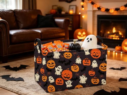 Image of Sanjiaofeng Rectangular Halloween Ghost Storage Basket,Waterproof Foldable Storage Baskets,Trick or Treat Halloween Basket,Halloweens Party Candy Gift Baskets(Happy Pumpkin)