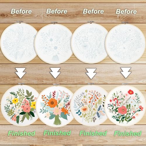 Image of SevFan 4 Sets Embroidery Kit for Beginners Adults,Needlepoint Kits for Adults with Easy Stamped Floral Pattern Fabric Hand Crafts,Bamboo Hoop,Needle,Cloth,Embroidery Kit for Decor Home Room(Flower-8)