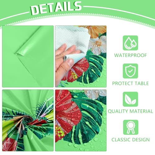 Image of Irenare 6 Sheets Hawaiian Luau Tablecloths for Party Decoration 54 x 108'' Tropical Palm Leaves Table Cloth Hawaii Disposable Rectangular Plastic Table Cover for Summer Beach (Rose Red,Orange,Green)