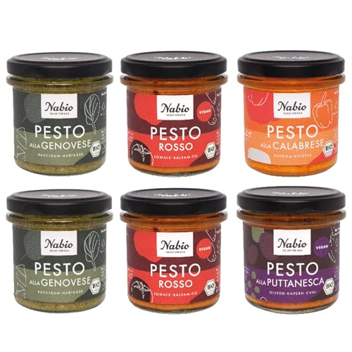 NABIO | Pesto 6er Box I 2x Genovese 2x Rosso 1x Calabrese 1x Puttanesca I vegetarisch I extra cremig (6 x 130g)