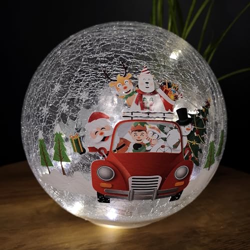 Samuel ALEXANDER 20cm Battery Operated Twinkling Warm White LED Crackle Effect Ball Decoration with Santa and Friends in Car
