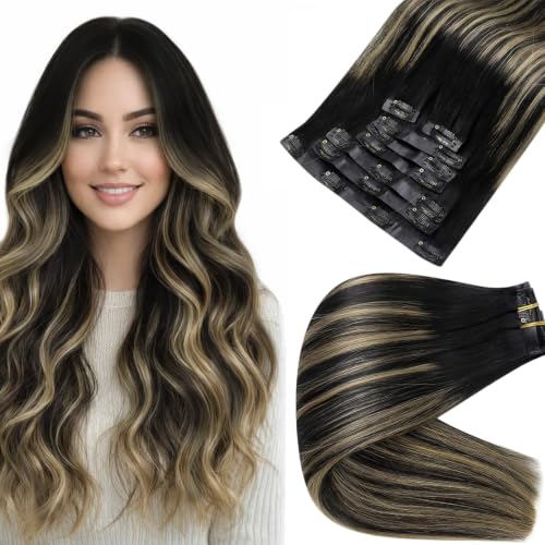 Image of Full Shine Seamless Clip in Hair Extensions Human Hair, Balayage Natural Black to Blonde Balayage Highlights, Invisible PU Weft for Short Hair, Lightweight 80g Natural Volume, 12 Inch, 8 Pcs