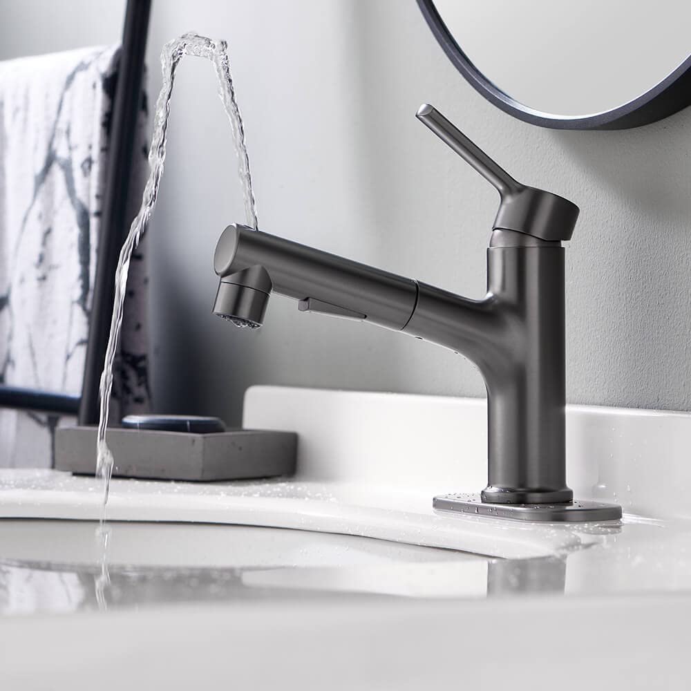 LAZ HOME Bathroom Sink Faucet with Pull Out Sprayer Single Hole one Handle Basin Mixer Tap Pull Down Vessel Waterfall Rotating Spout Widespread Drain Assembly (Gun Grey - Image 2