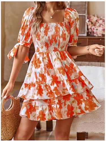 Image of Floerns Women's Floral Print Puff Sleeve Square Neck Tiered Layer Shirred Dresses